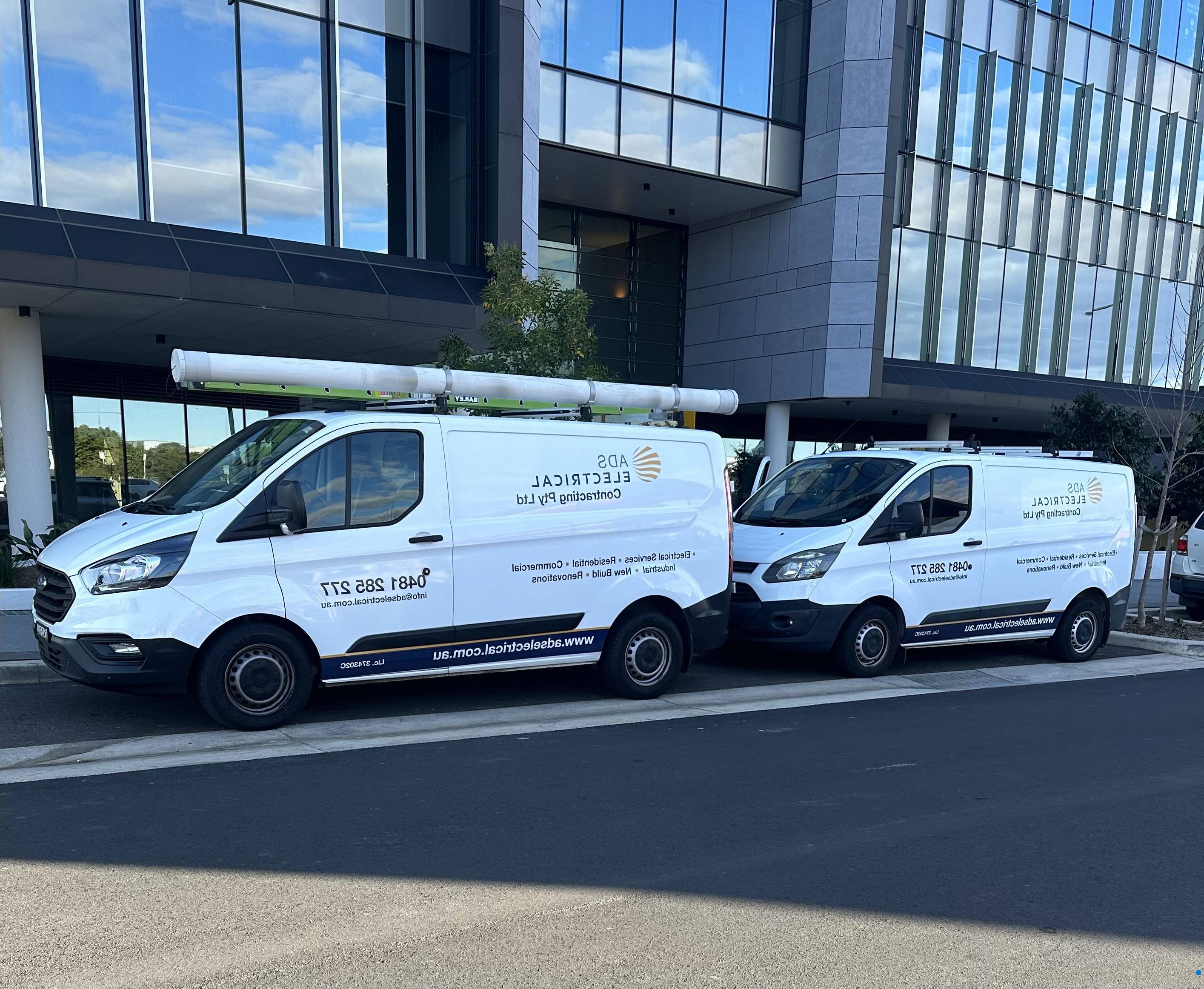 ADS Electrical company vans in Sydney, offering residential and commercial electrical contracting services